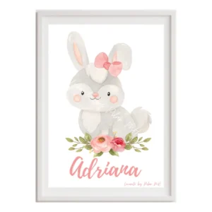 Lámina infantil conejita blanca con lazo y flores