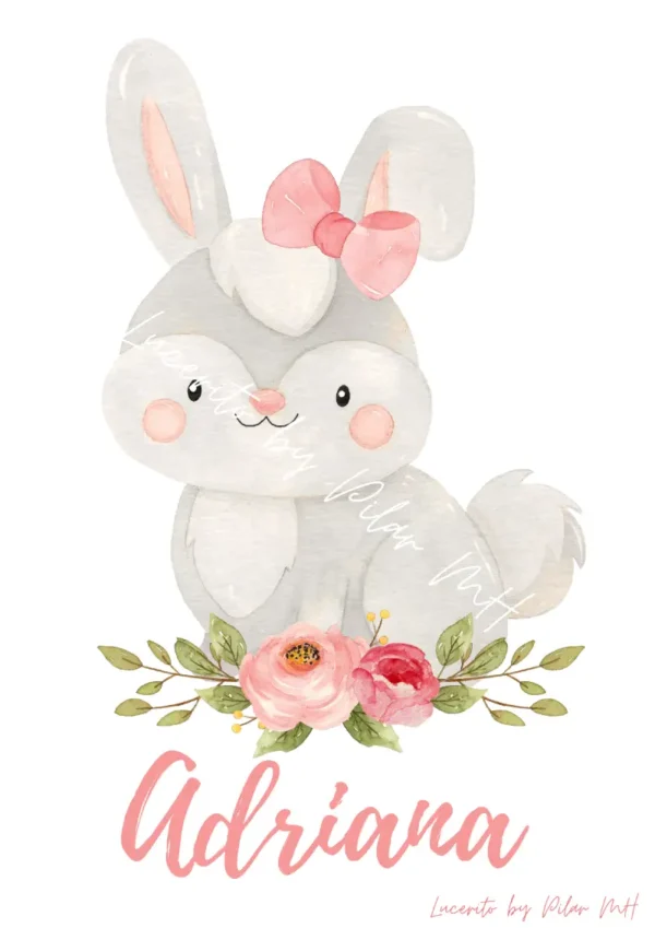 Lámina conejita blanca con lazo y flores. Tamaño A4